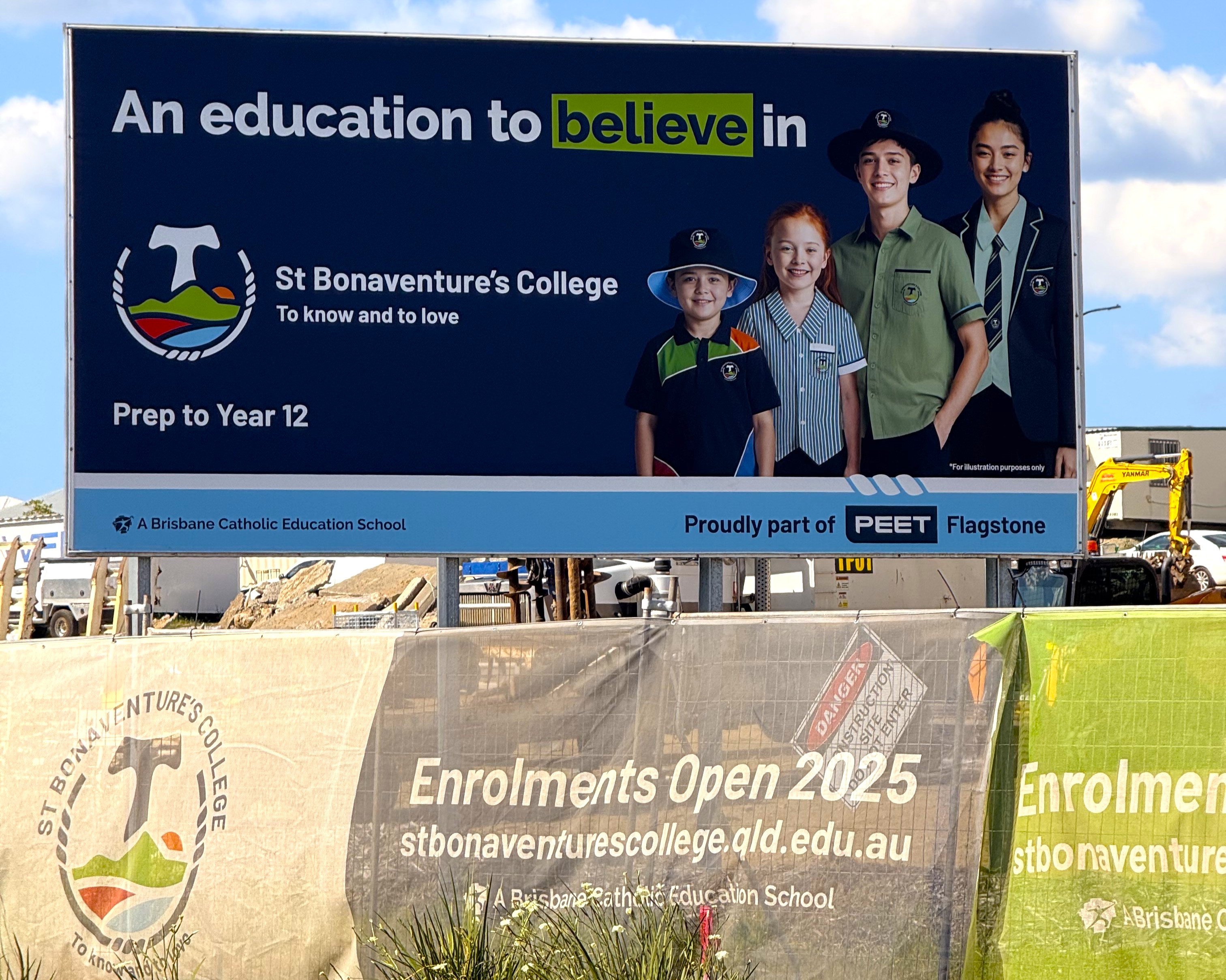 Large roadside billboard for St Bonaventure’s College showing students in uniform with text “An education to believe in” and “Prep to Year 12”