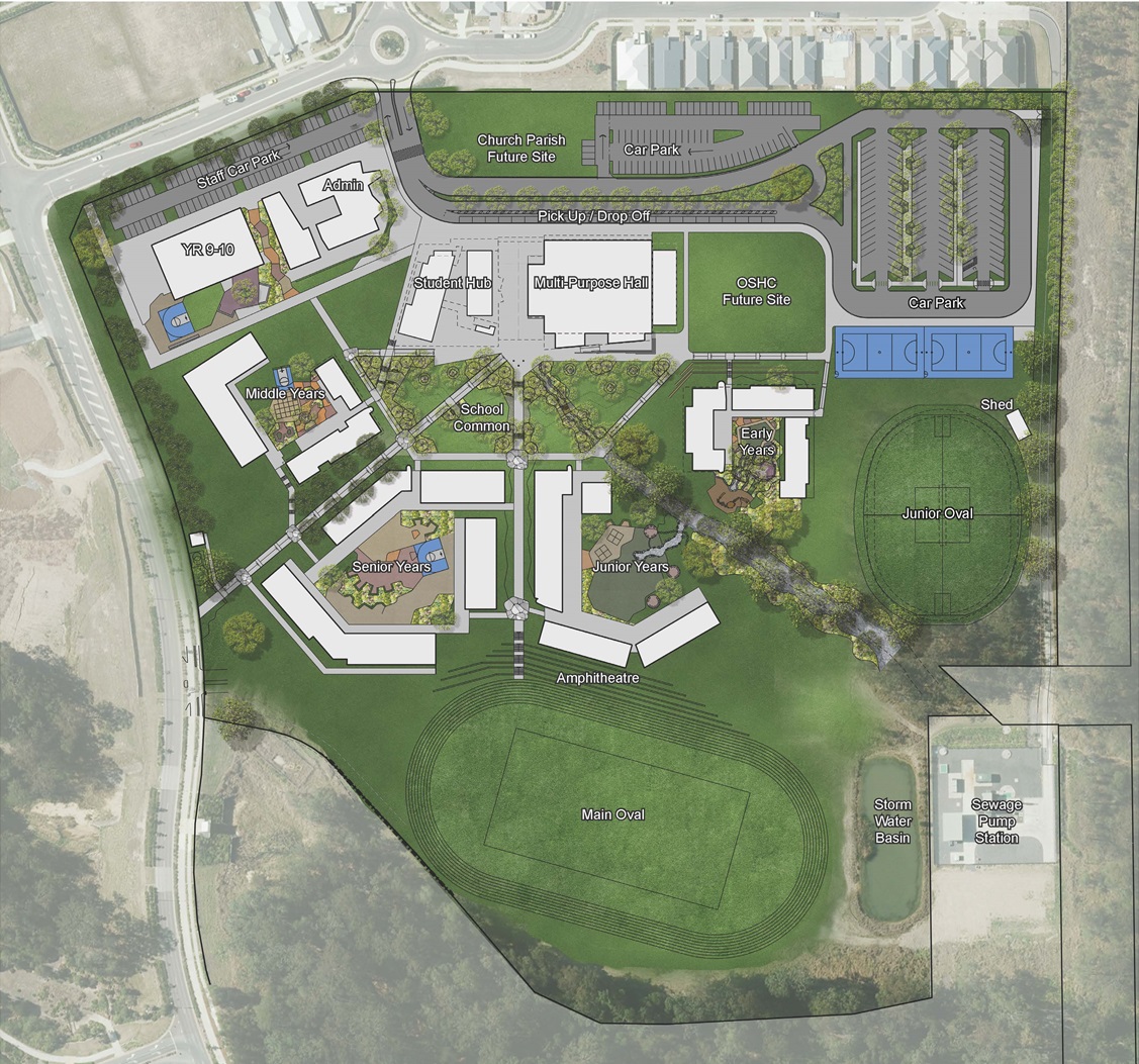 Architectural site plan of a school campus showing labelled areas including classrooms, admin, halls, car parks, pickāup zone, and sports ovals